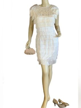VINTAGE 1980’S ROBERTA CREAM FRINGE SHORT COCKTAIL DRESS (3/4/XS)